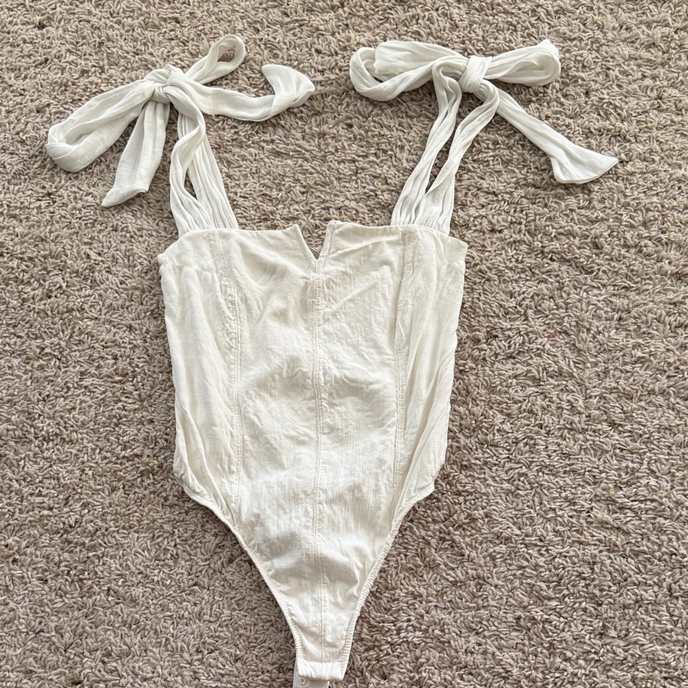Free People Cream Bodysuit with Bow Straps